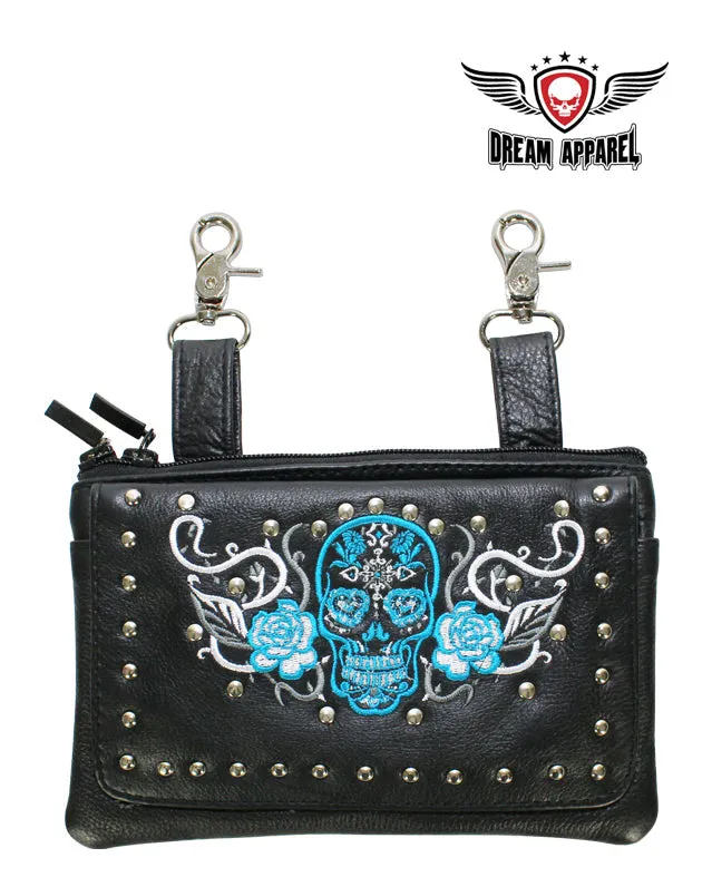 Studded Turquoise & White Sugar Skull Naked Cowhide Leather Belt Bag