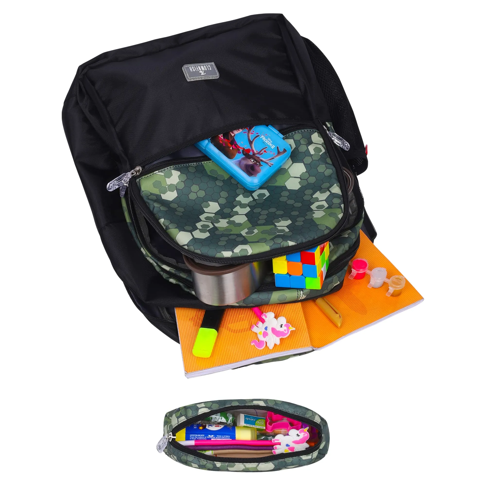 THE CLOWNFISH Edutrek Series Printed Polyester 36 L School Backpack with Pencil/Stationery Pouch School Bag Zip Pocket Daypack Picnic Bag For School Going Boys & Girls Age-10  years (Forest Green)