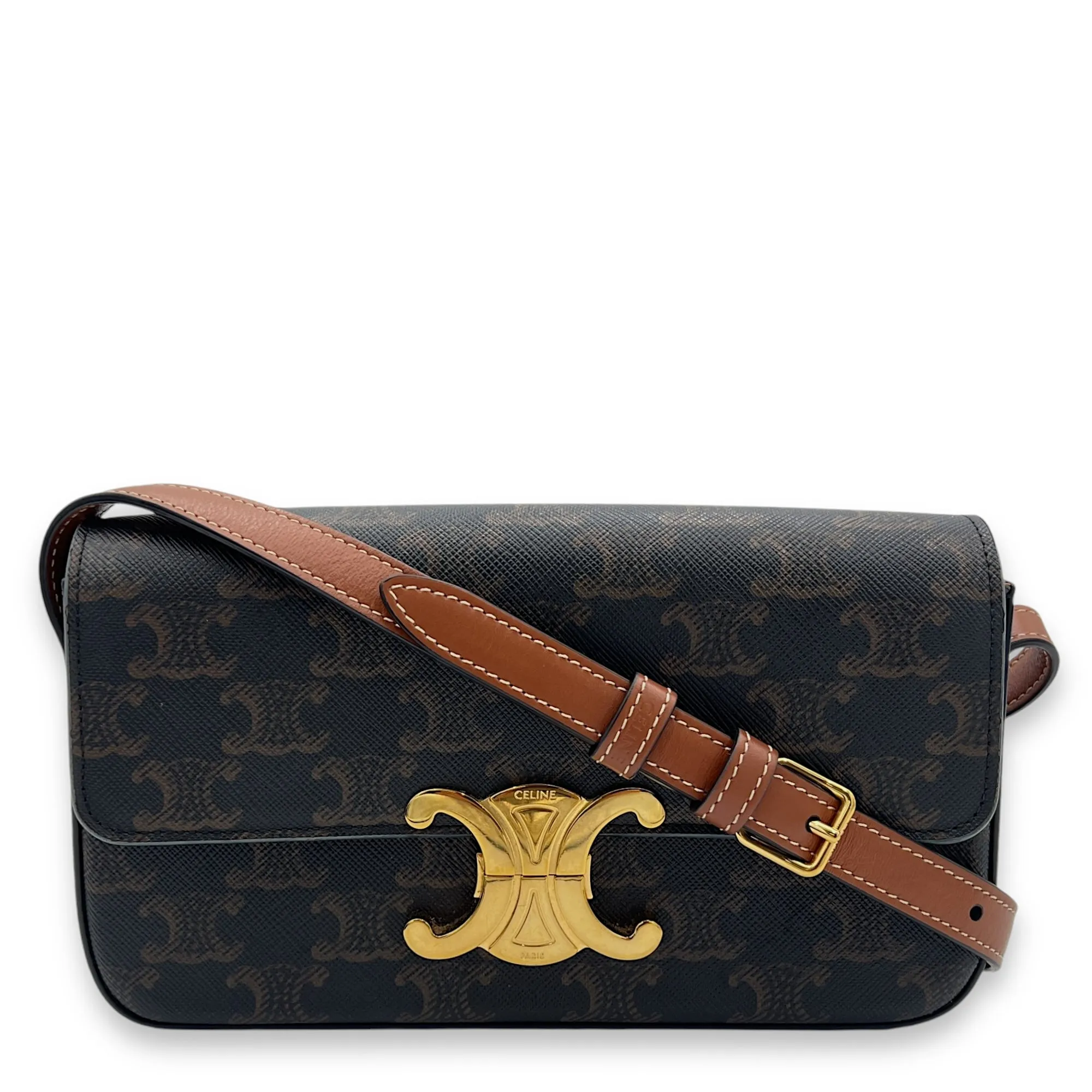 Triomphe Shoulder Bag Brown in Coated Canvas, Gold hardware