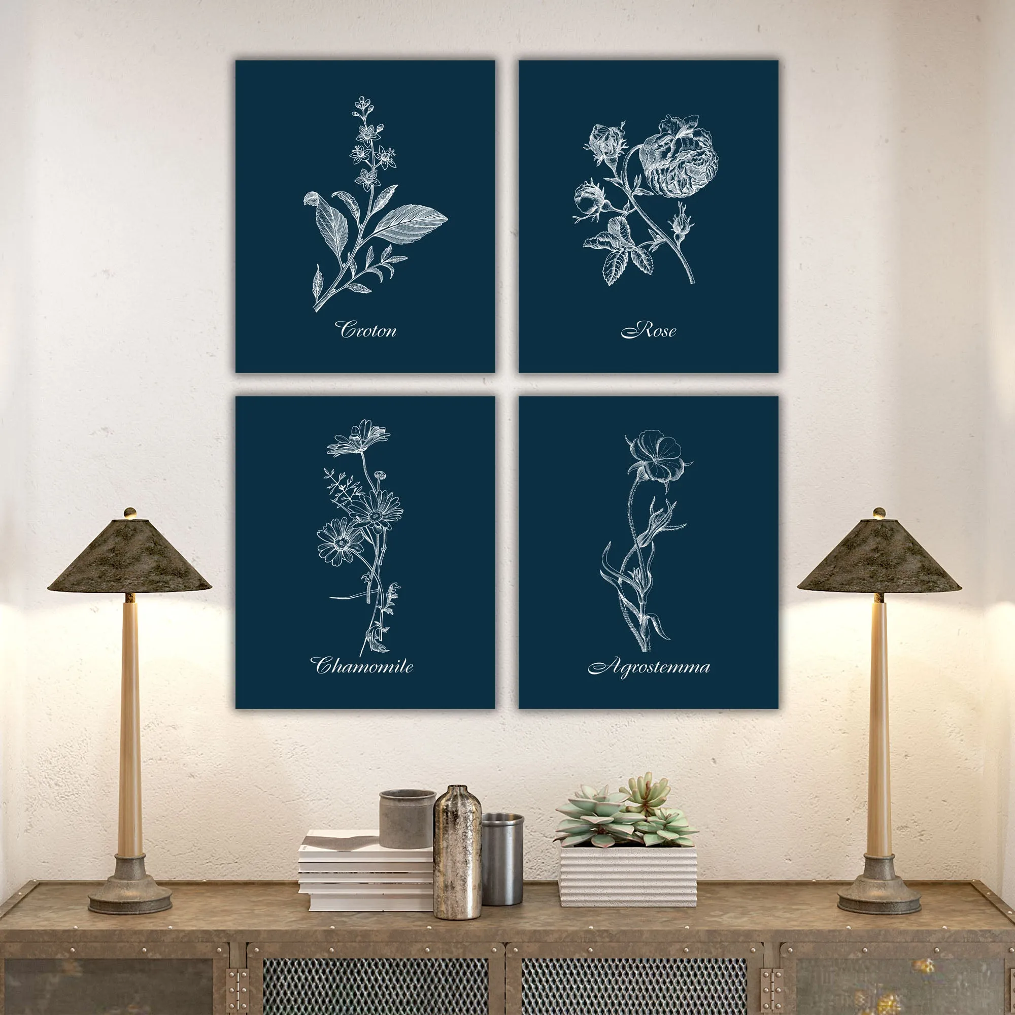 Vintage Floral Canvas Prints on Navy