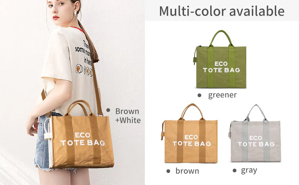 Washable Kraft Paper Tote Handbags Shoulder Bag with Zipper