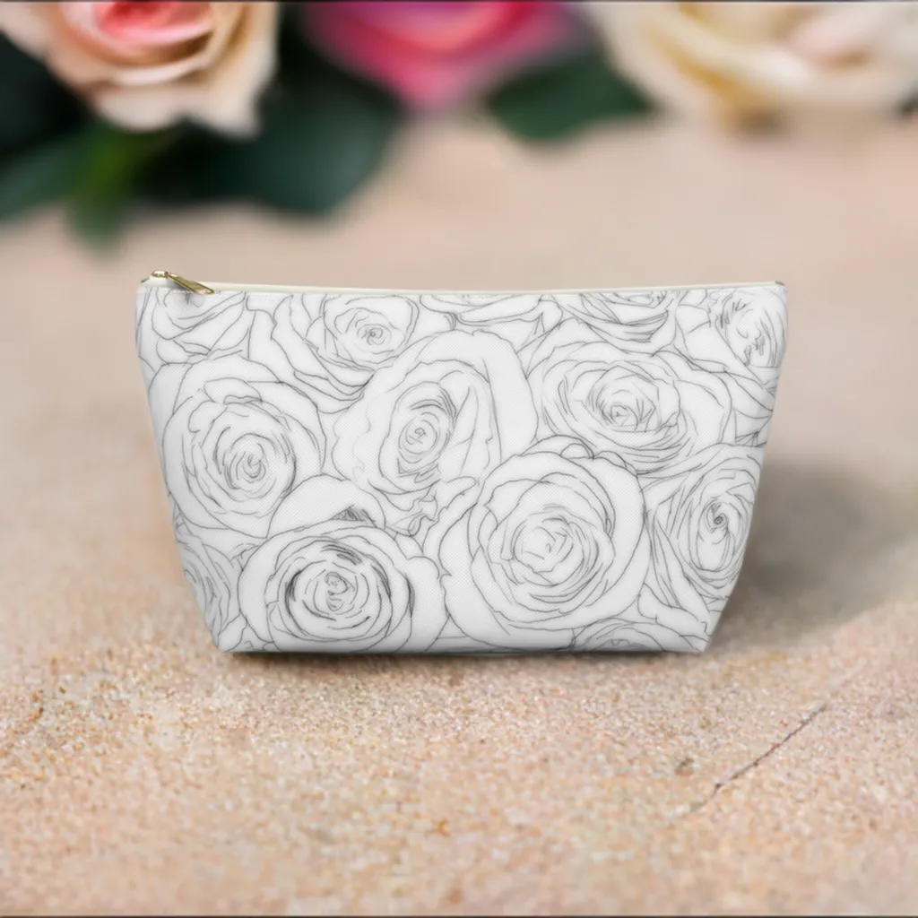 White Rose Side Bag Gift For Her Makeup Bag White Toiletry Accessory Pouch w T-bottom