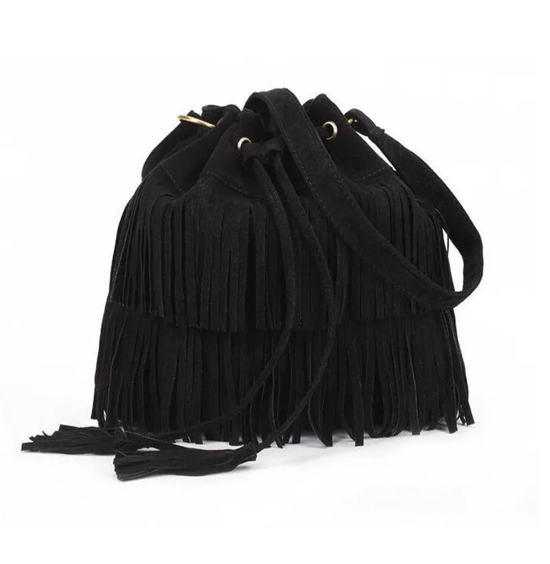 Women Suede Drawstring Bucket Bag Women vintage Handbag Faux Fringe Tassel Shoulder Cross bodybags lady Messenger Bag WHC7521