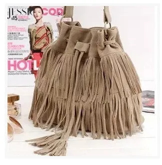 Women Suede Drawstring Bucket Bag Women vintage Handbag Faux Fringe Tassel Shoulder Cross bodybags lady Messenger Bag WHC7521